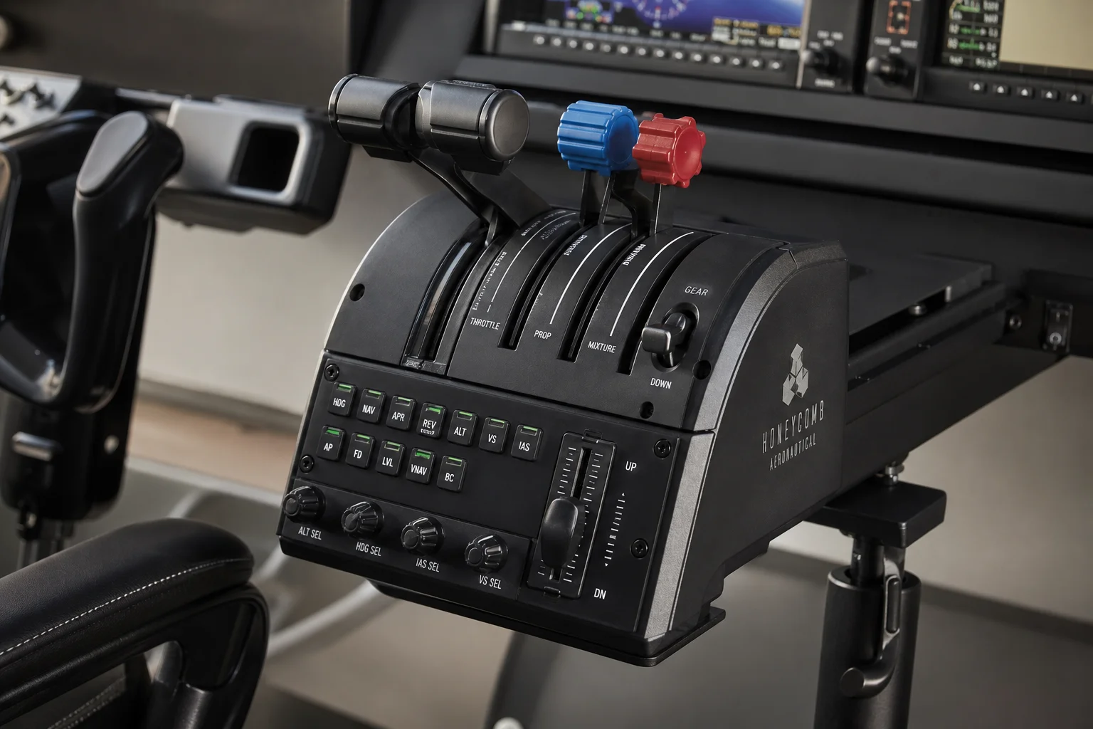 Professional home flight simulator cockpit with yoke, avionics, throttle controls, and triple monitors