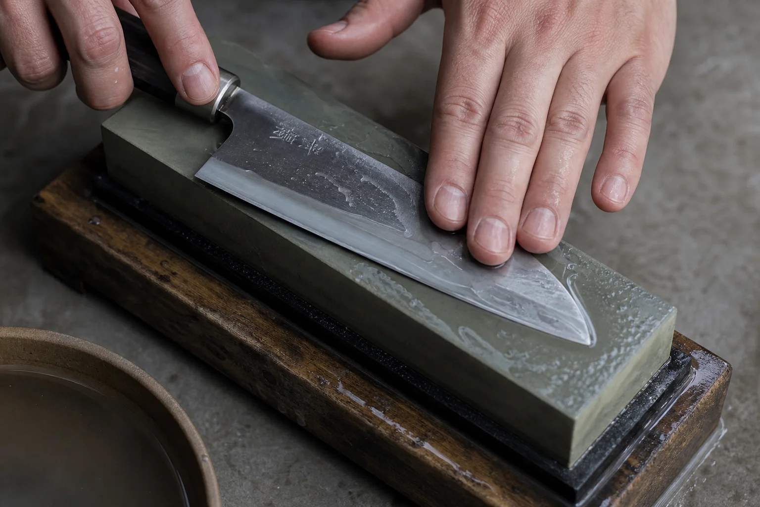 Chef's hands sharpening a kitchen knife on a whetstone with water and sediment
