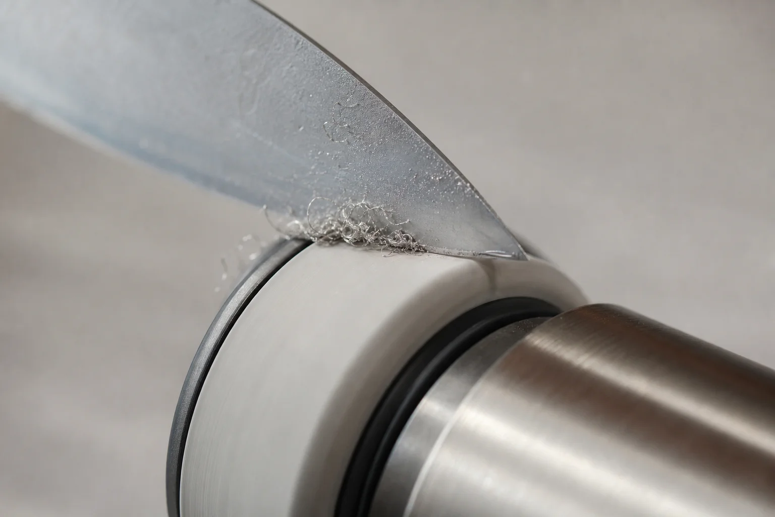 Kitchen knife edge being refined with ceramic honing disc on HORL sharpener