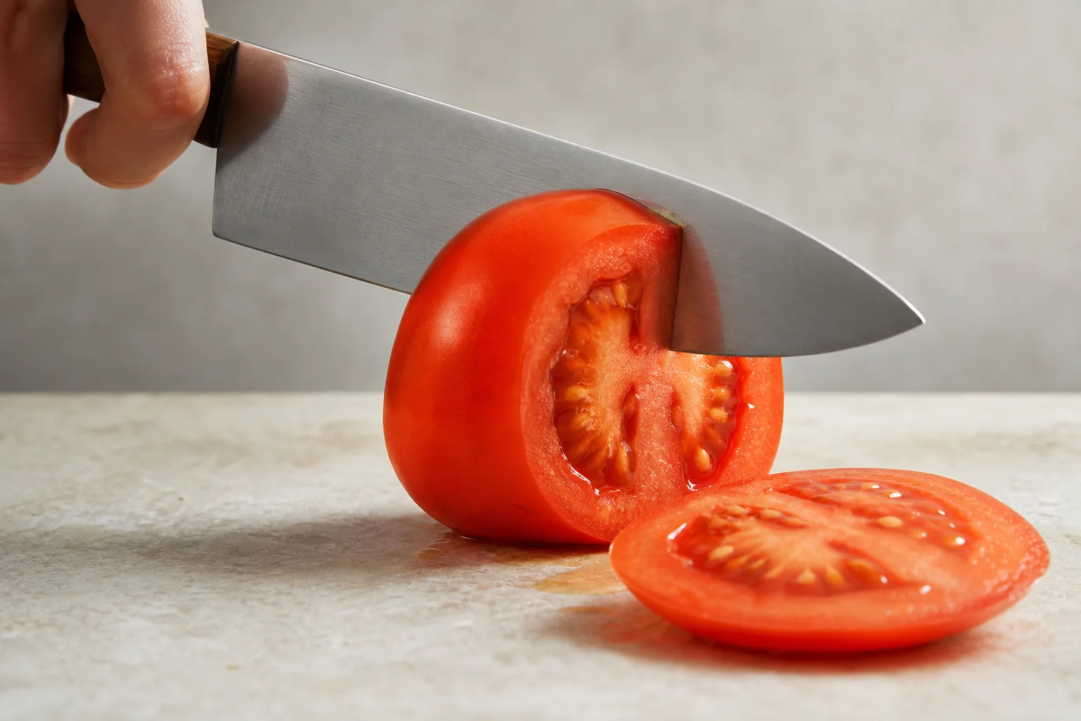 Sharpened kitchen knife slicing through a tomato with clean precision