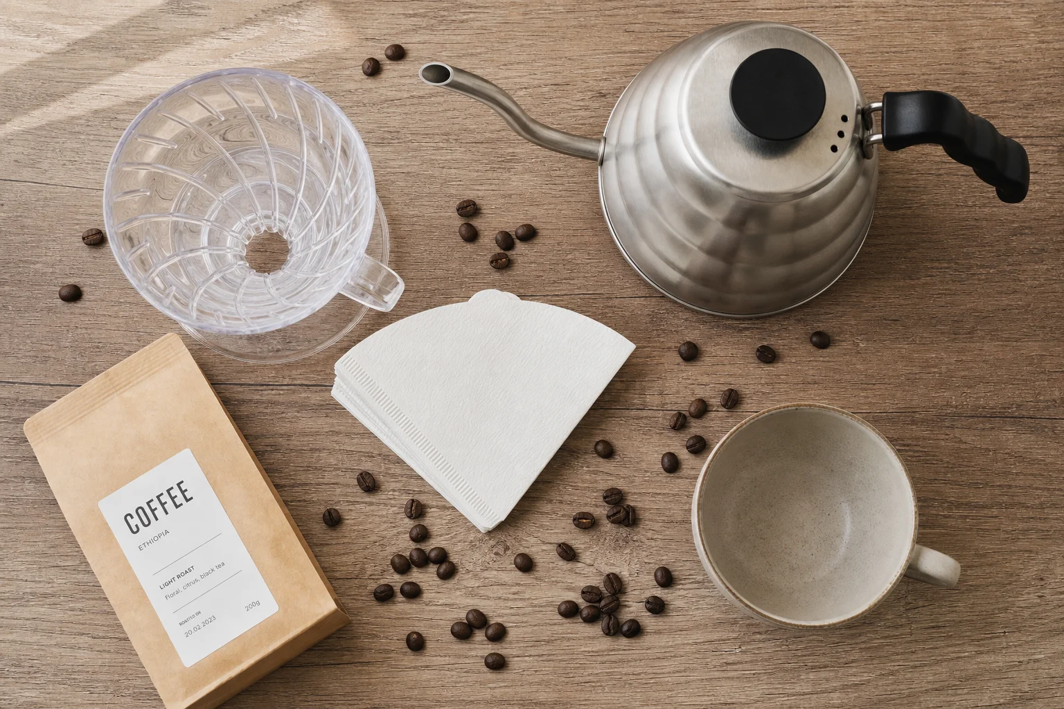 Flat-lay of V60 dripper, filters, kettle, beans, and cup on wood