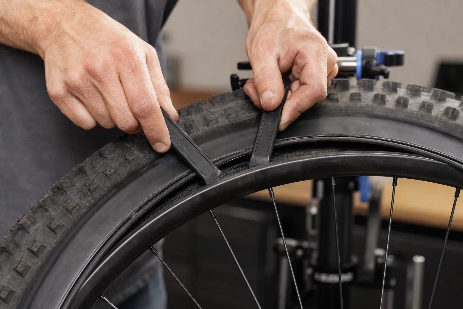 Meccanico che usa le leve per stallonare uno pneumatico da mountain bike
