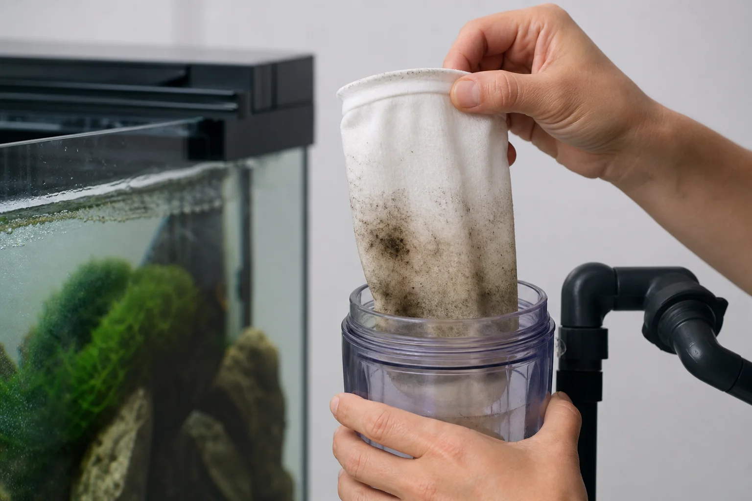 Aquarium filter sock being replaced during daily maintenance routine