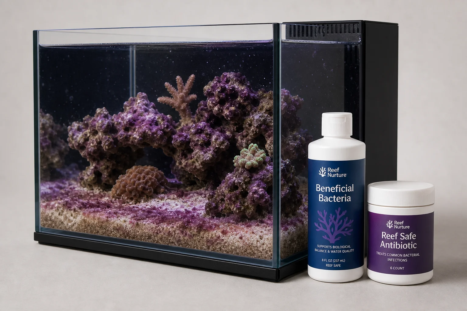 Reef tank with purple cyano bacteria and treatment products on neutral background
