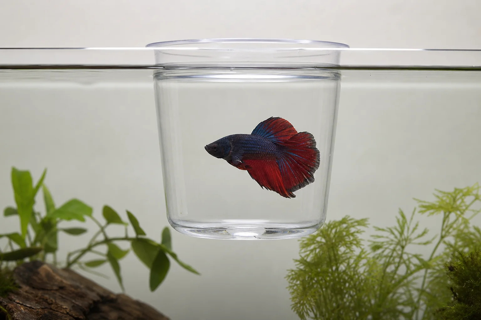 鬥魚正在魚缸內的漂浮杯中進行對水過程