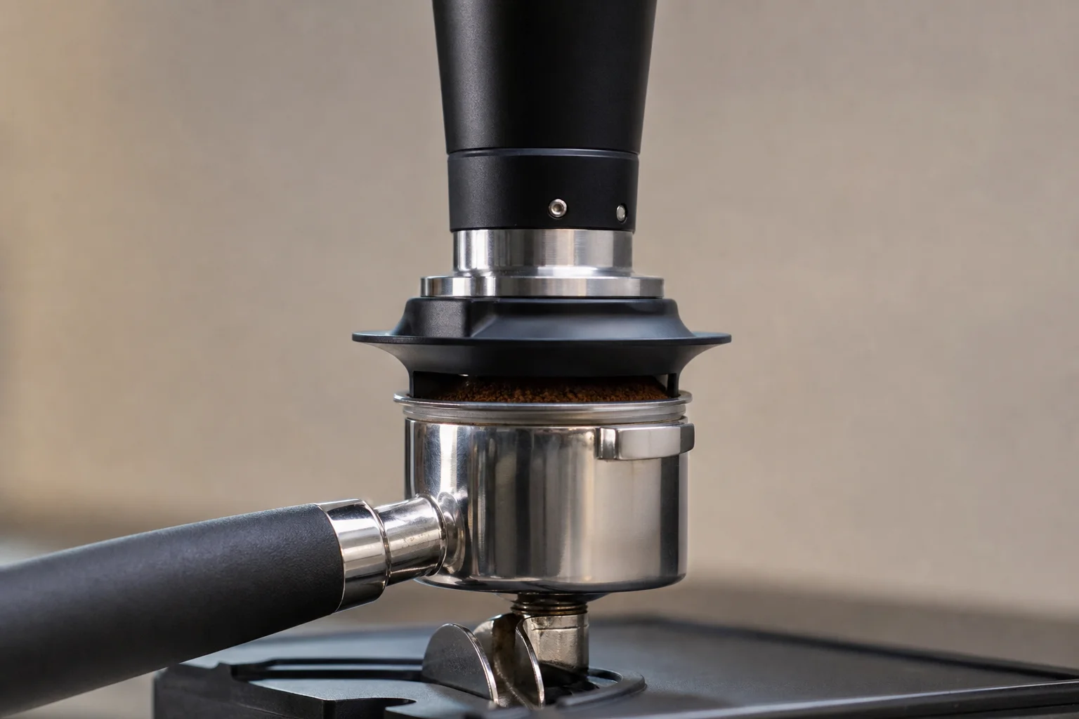 Tamping espresso grounds with assisted tamper and funnel