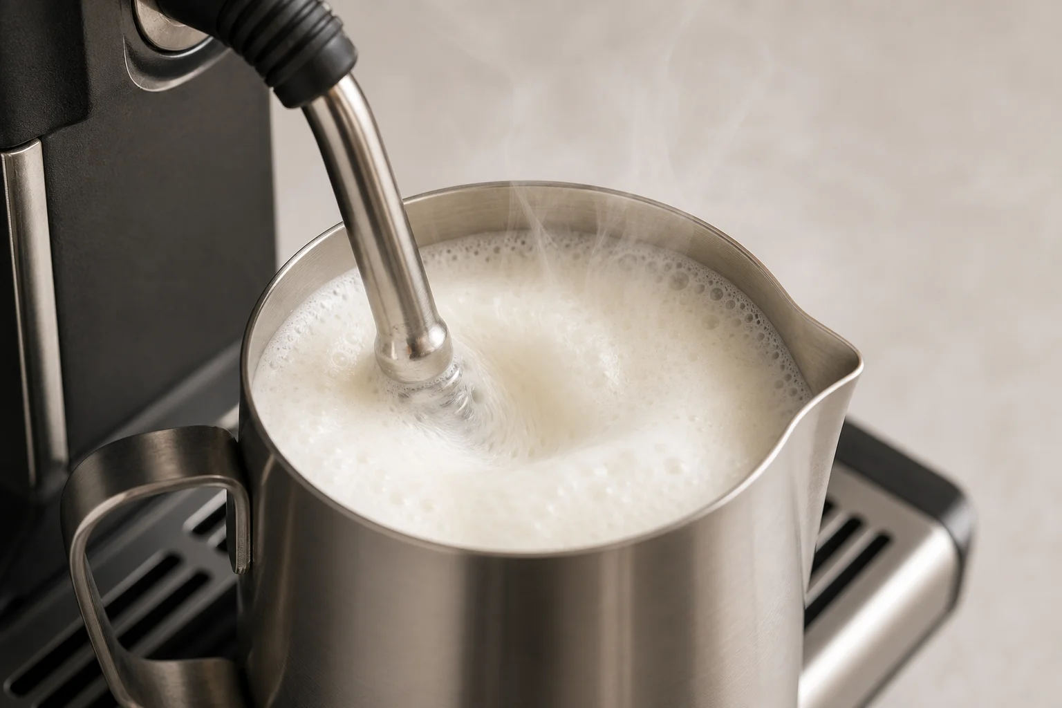 Milk frothing process with steam wand and milk jug