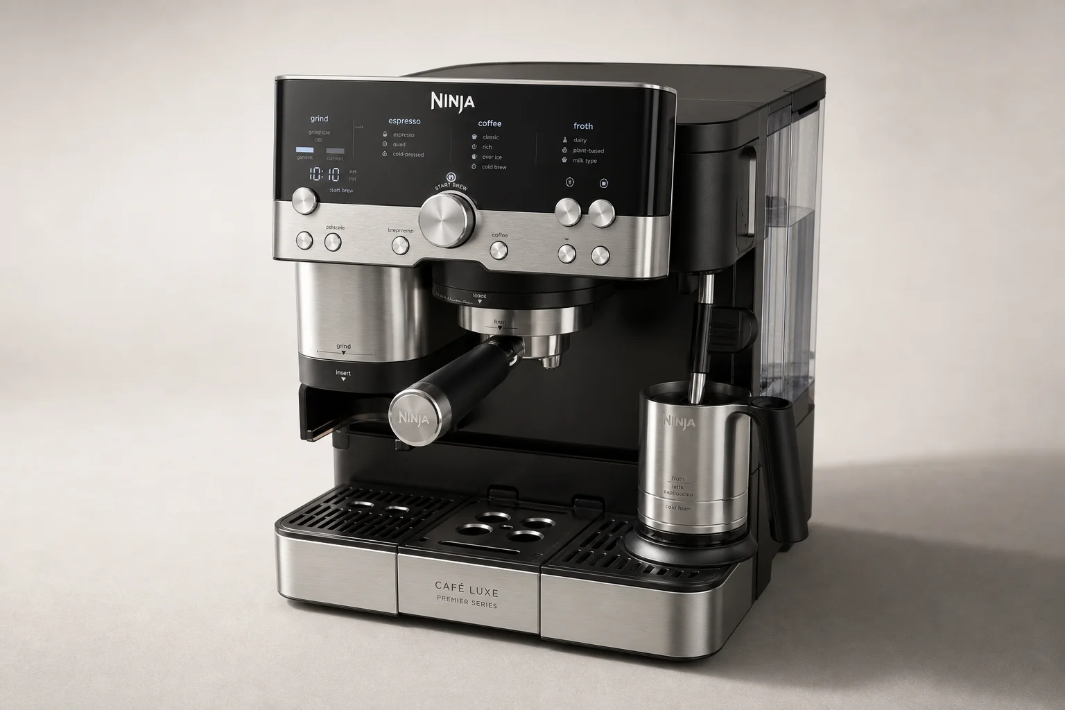 Ninja Cafe Luxe Premier Series espresso machine on neutral backdrop