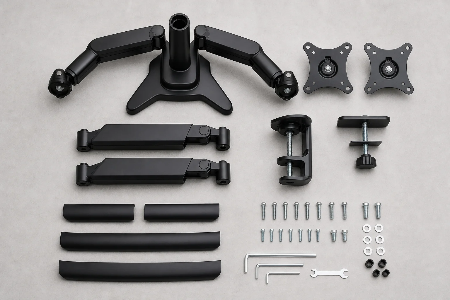 Dual monitor arm components and assembly parts laid out on a work surface