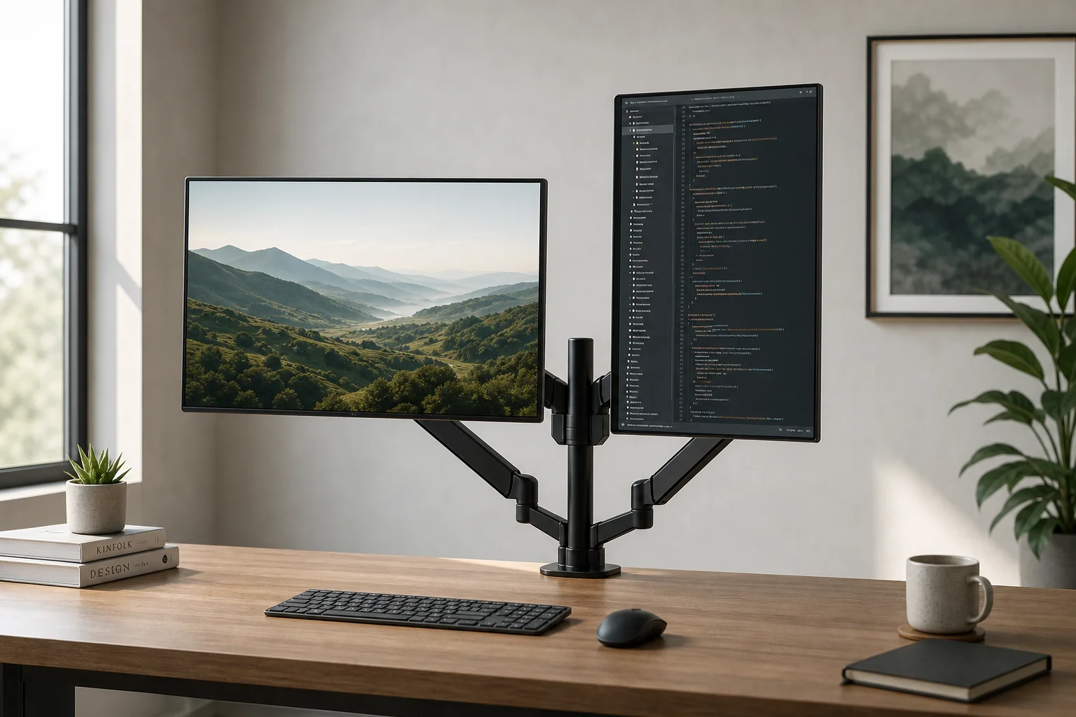 Dual monitors in portrait and landscape orientation on adjustable arms