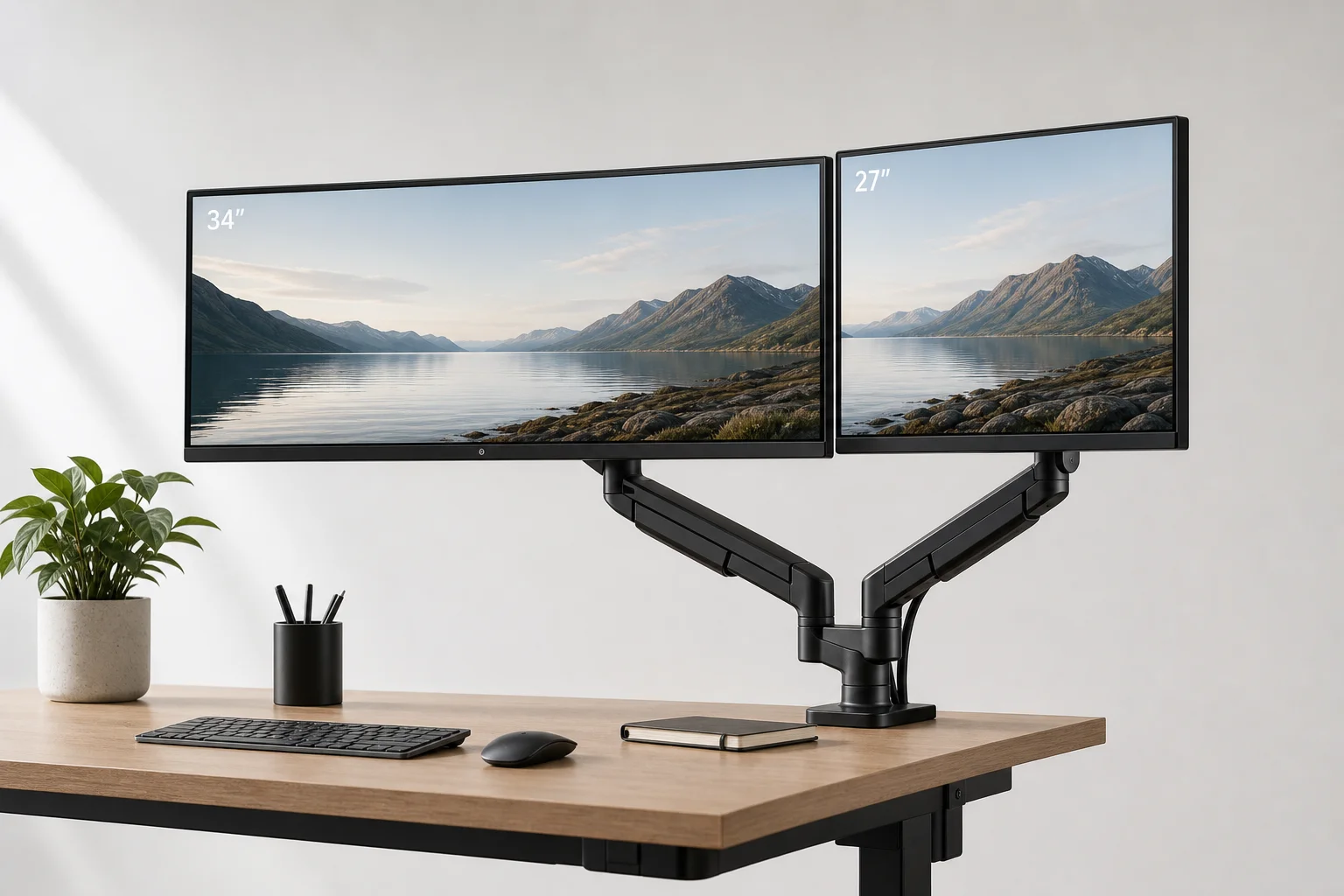 Dual monitor arm supporting two different-sized monitors on a desk