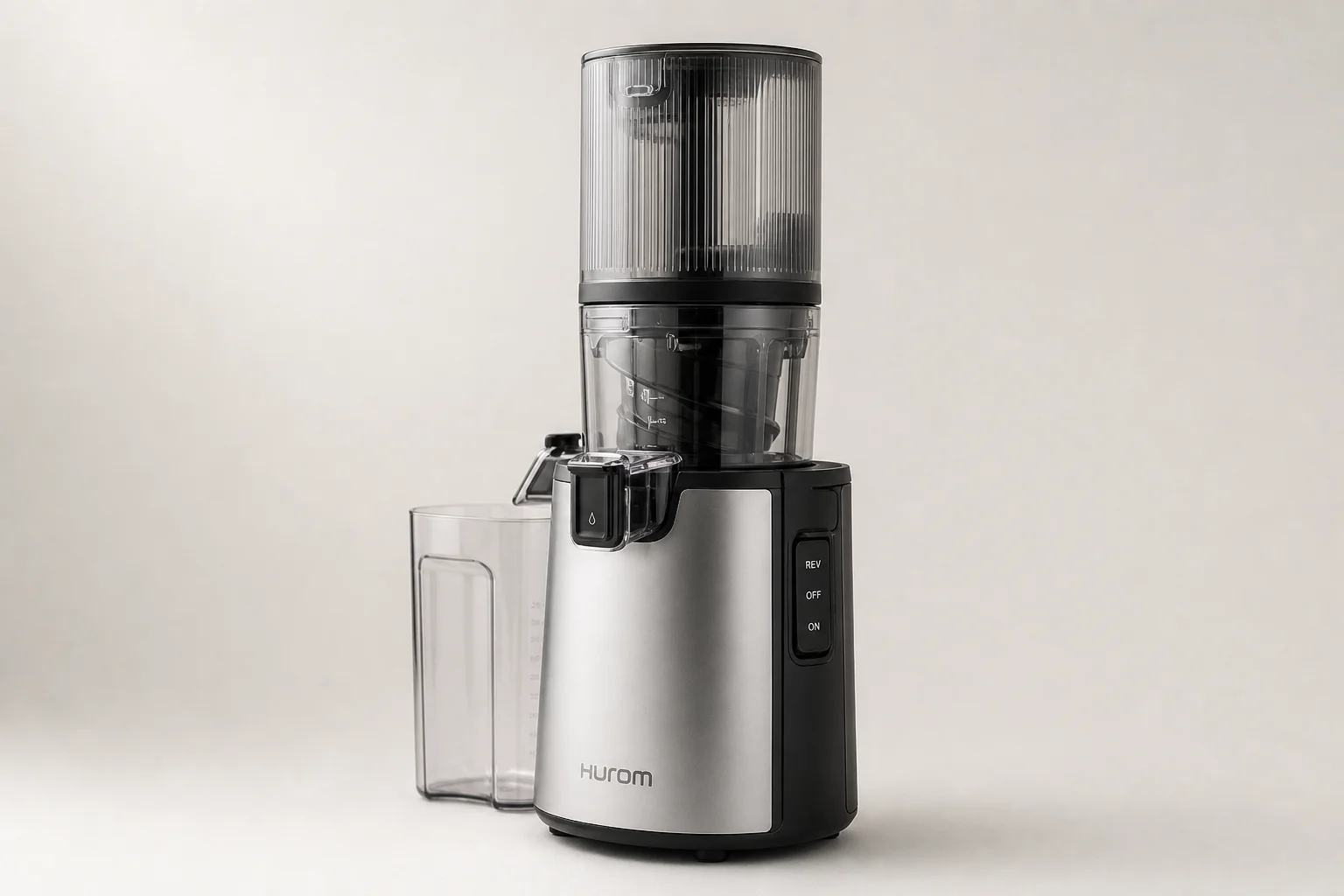 四款慢磨機排列在水泥面上：Hurom H70、H400、Nama J2 以及 Kuvings AUTO10