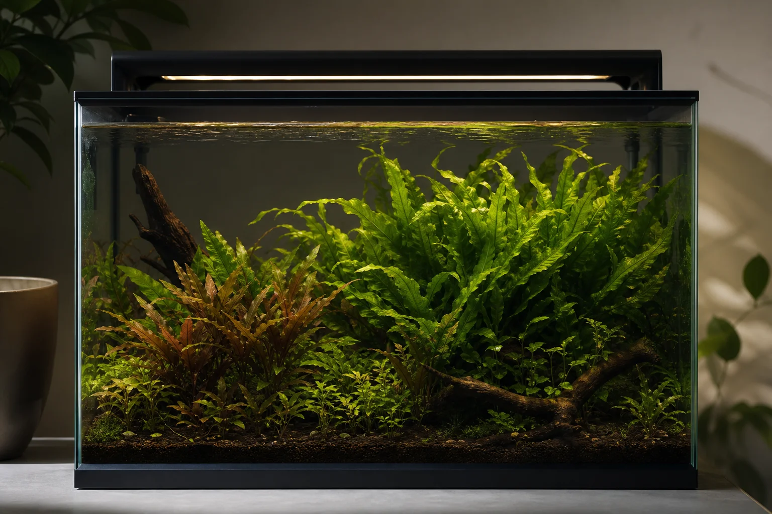 在溫暖的 LED 燈光下，魚缸內生長茂盛的綠色水草