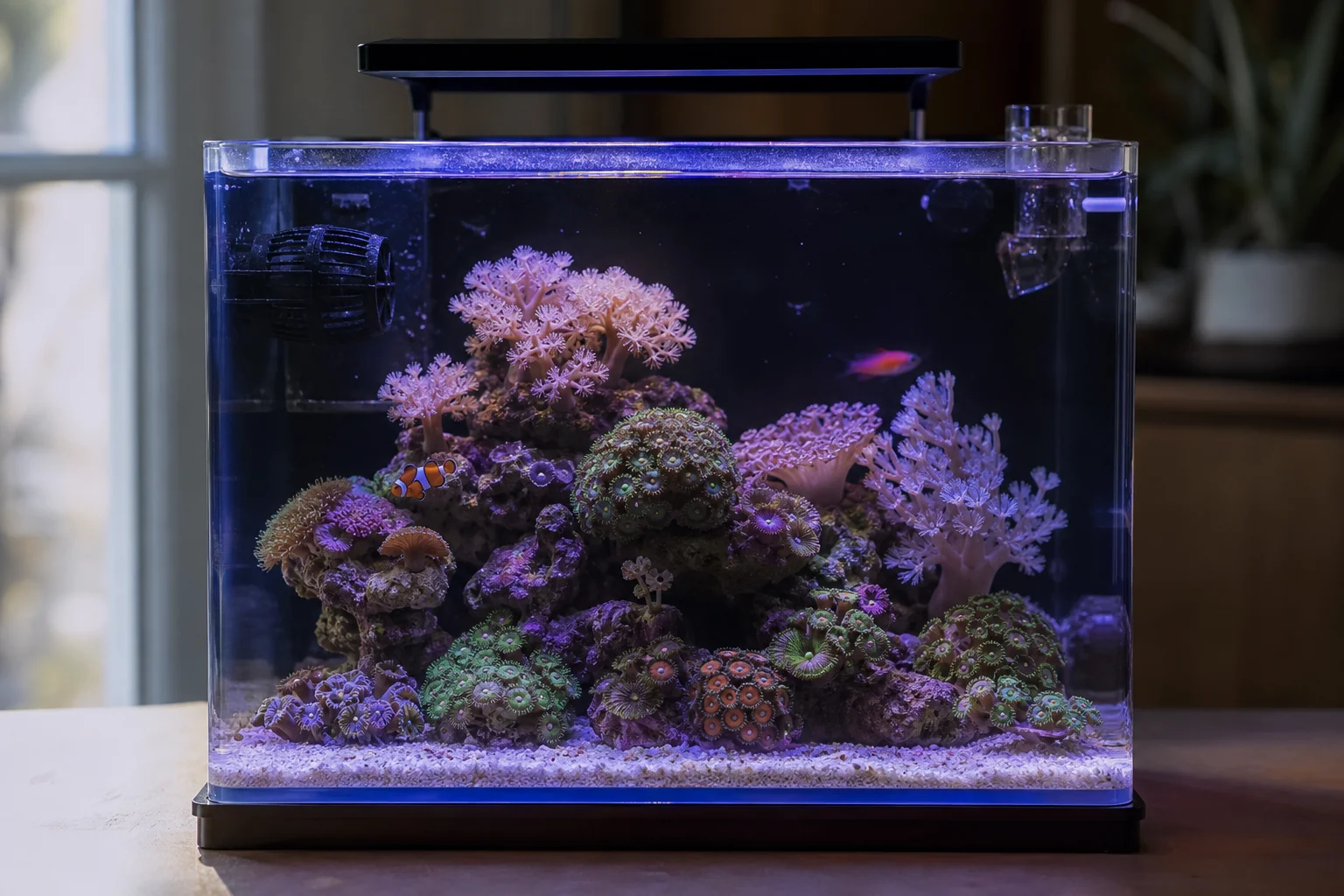 Nano reef aquarium with colorful corals and fish in natural light