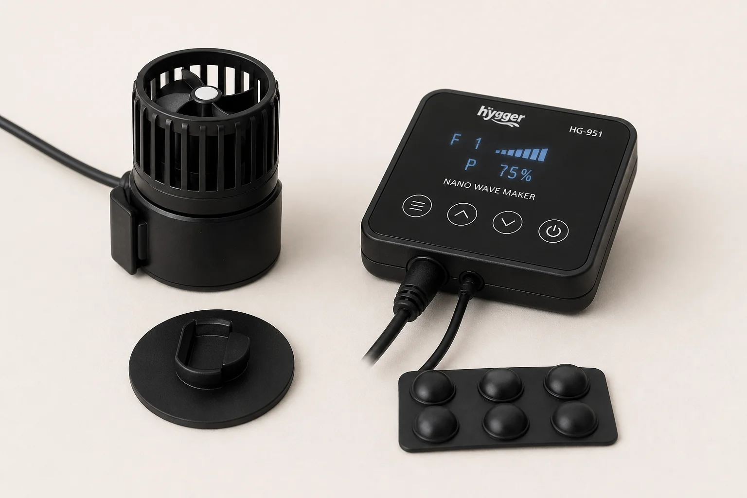 Hygger HG-951 nano wave maker pump head and control panel on neutral backdrop
