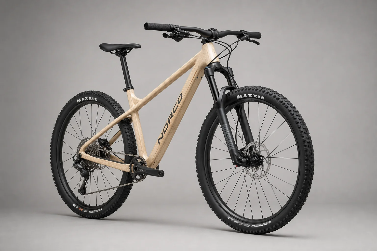 Fully loaded hardtail mountain bike with bikepacking bags on neutral backdrop