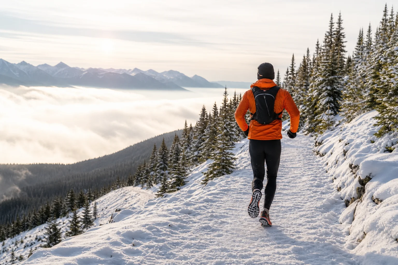Trail runner navigating snowy mountain terrain at dawn