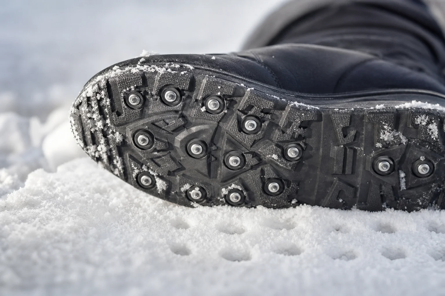 Studded shoe outsole showing steel studs pressed into snow