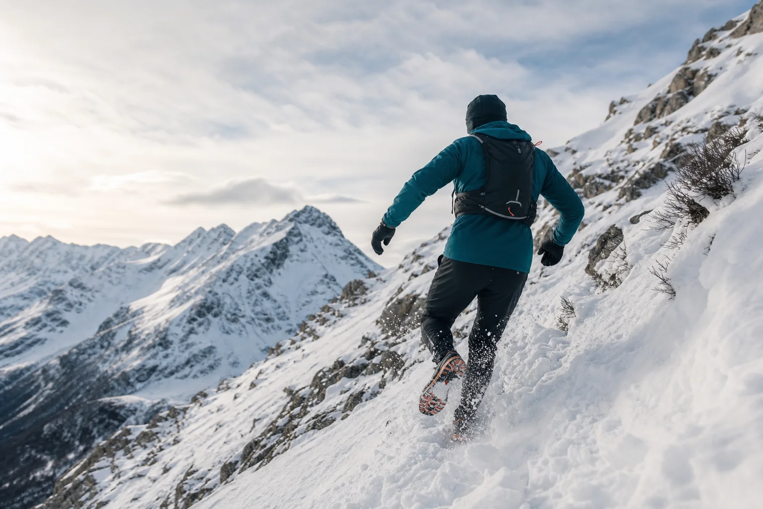 Runner descending snowy slope with confident footing