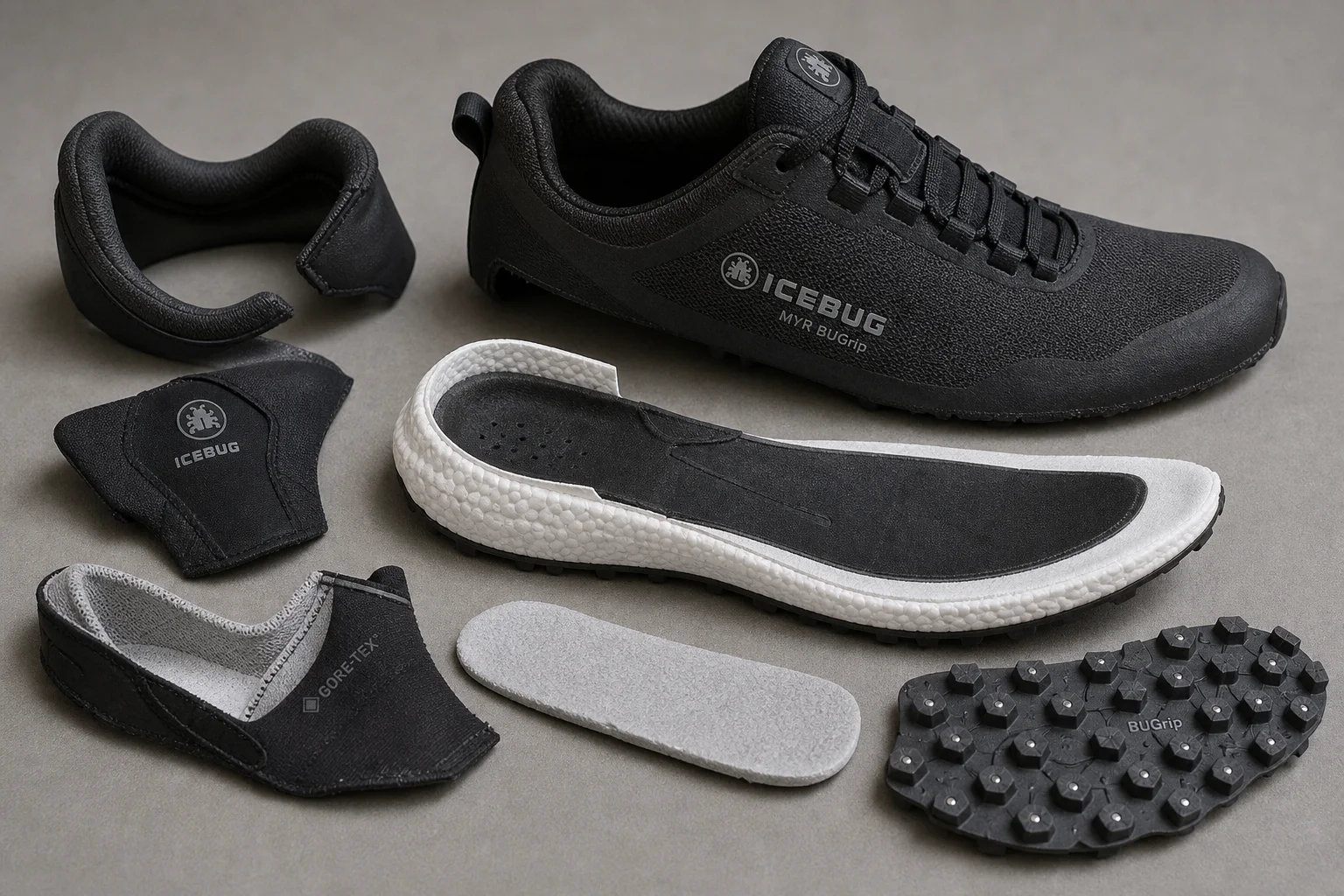 Deconstructed shoe showing midsole, heel cup, and internal padding