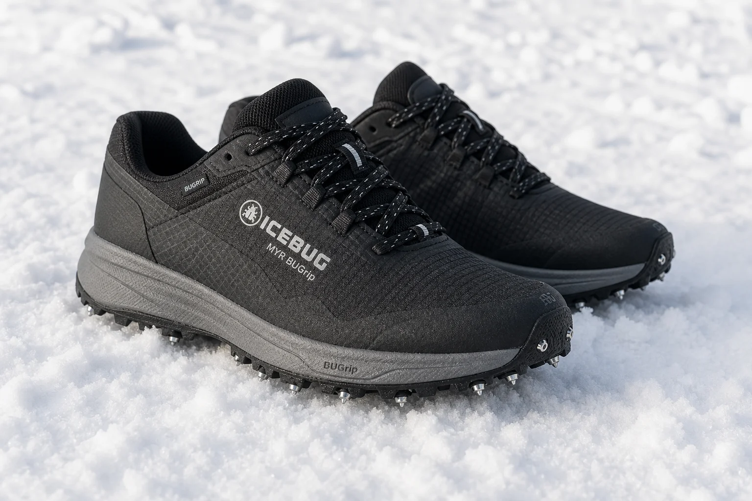 Icebug Myr BUGrip studded winter running shoes on snow