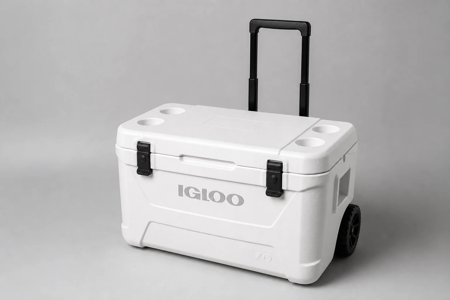 Five coolers arranged by size from smallest to largest on neutral backdrop