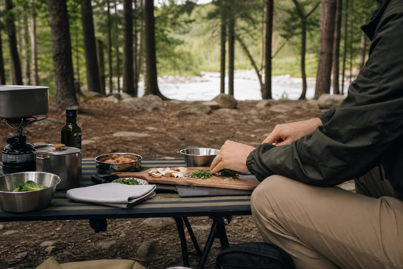Camper preparing a meal at an outdoor campsite with cooking equipment