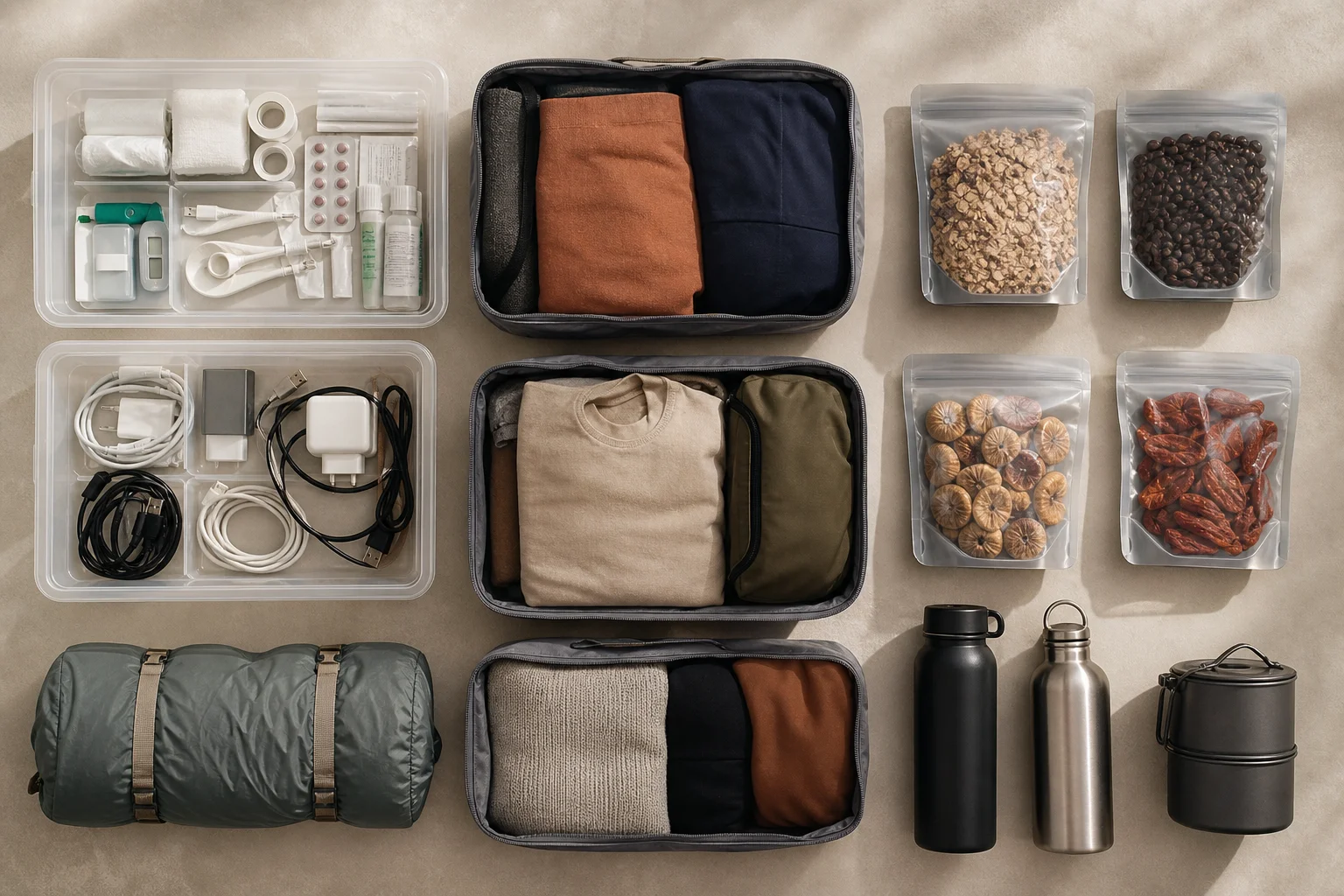 Organized camping supplies in clear storage containers and bags