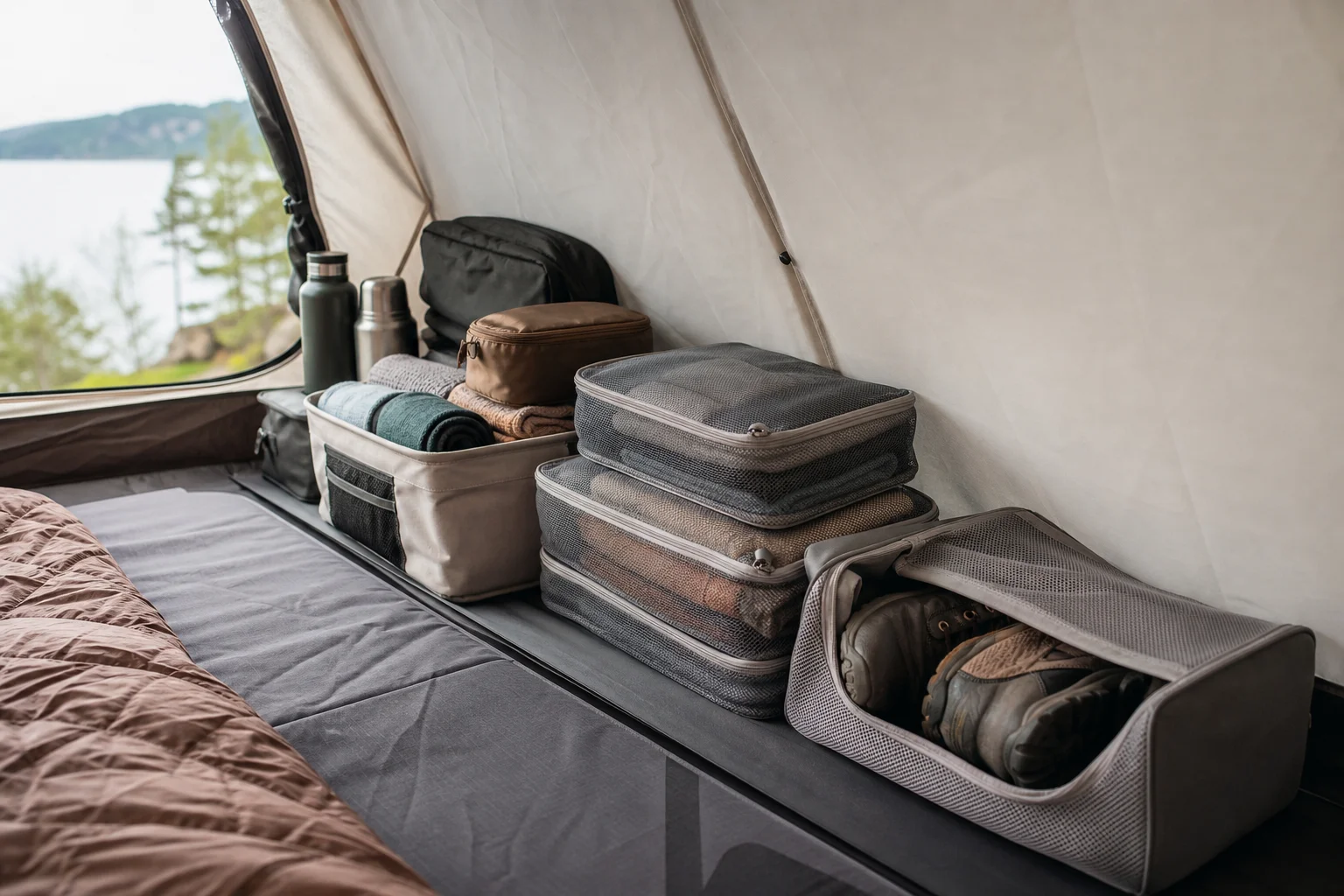 Camping tent interior with organized gear and storage solutions