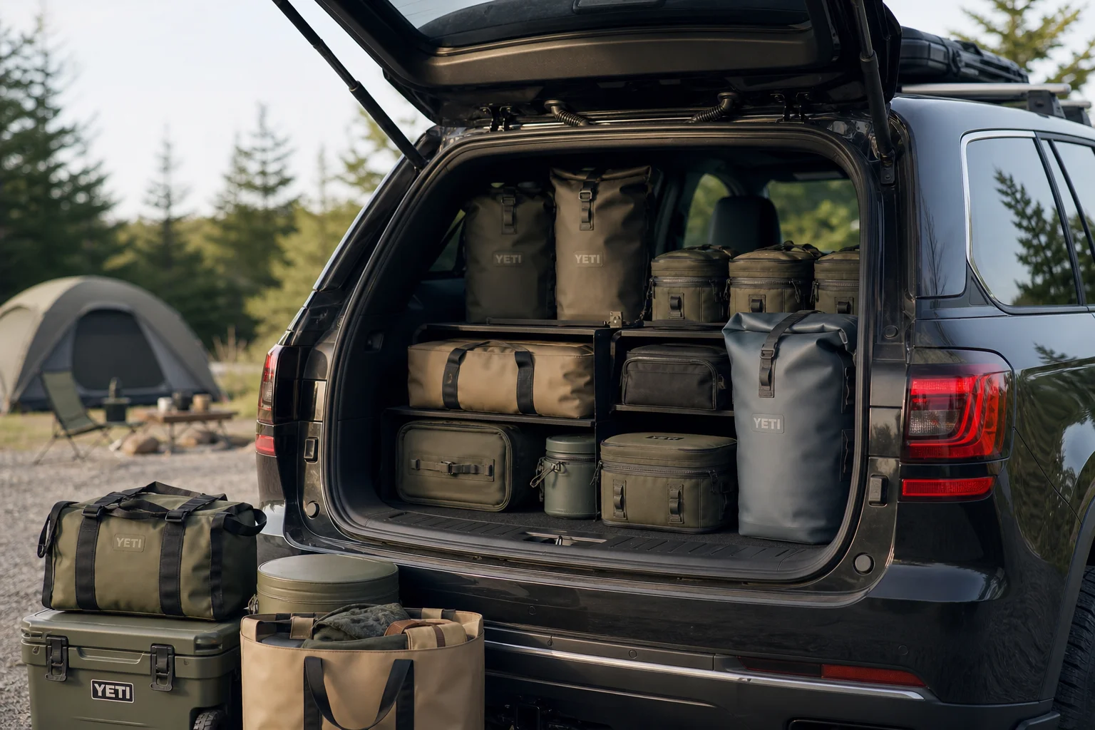 Camper packing a vehicle with organized camping equipment and bags