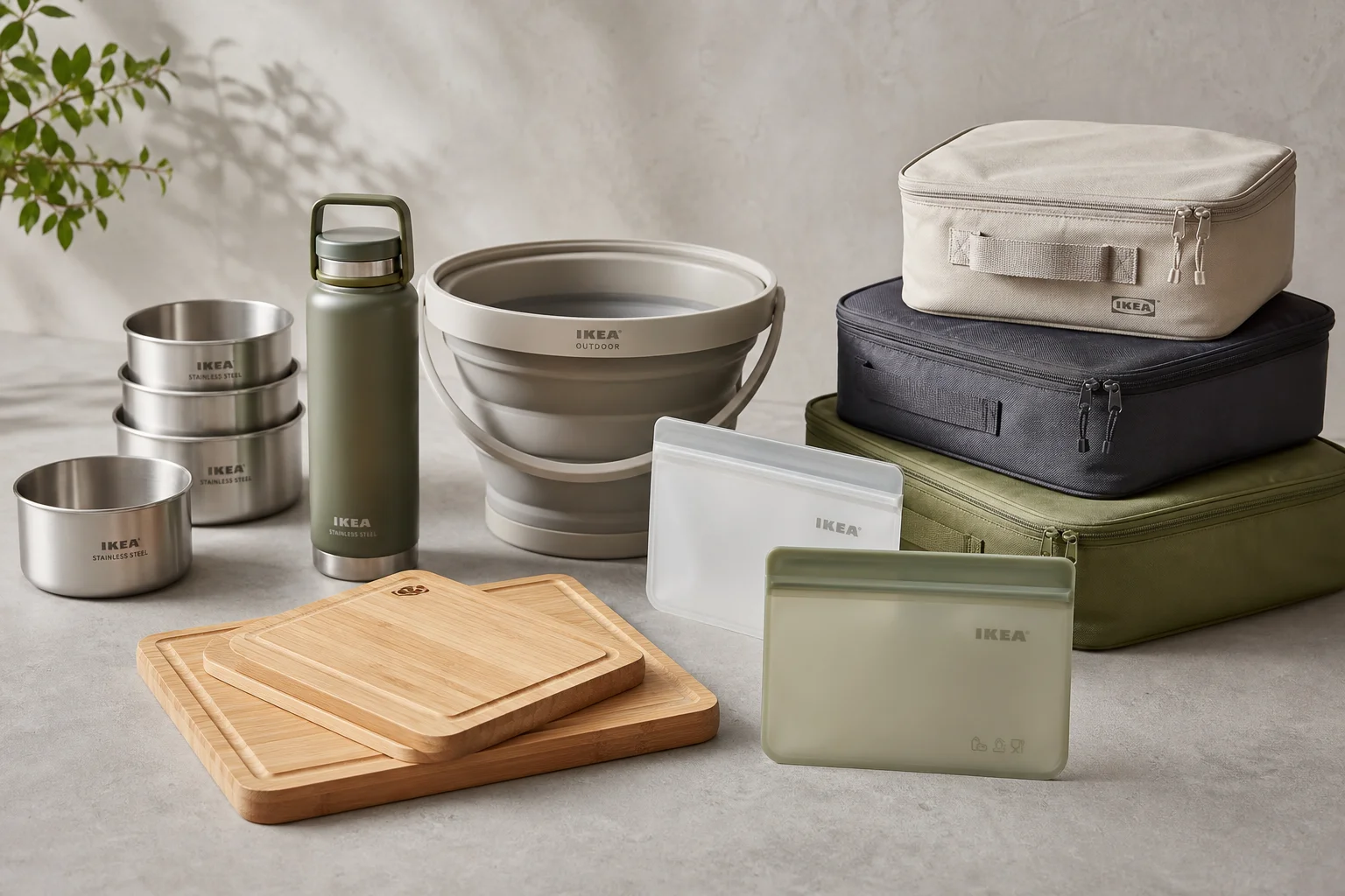 Collection of IKEA camping products including bowls, cutting boards, storage bags, and accessories on concrete