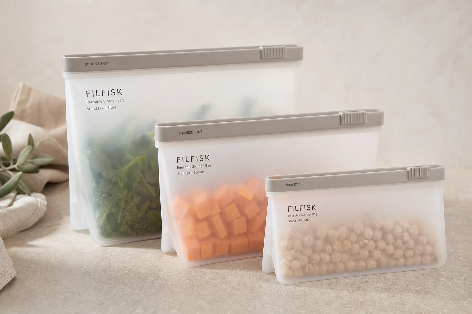 Collection of IKEA camping products including bowls, cutting boards, storage bags, and accessories on concrete