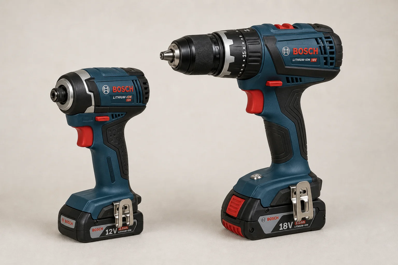 Impact driver and full-size drill side by side showing size comparison