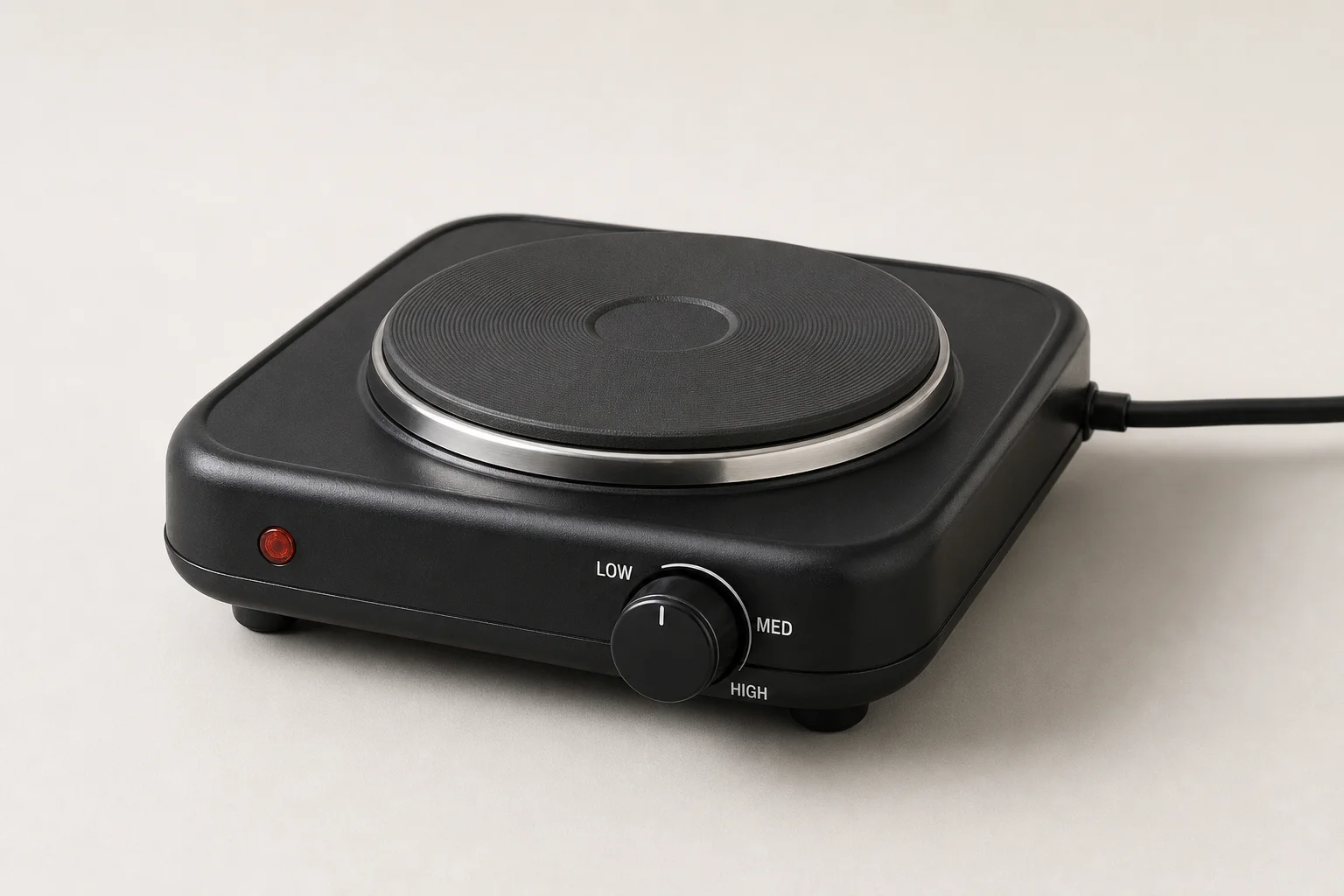 Three portable burners: electric, gas, and induction models on concrete surface