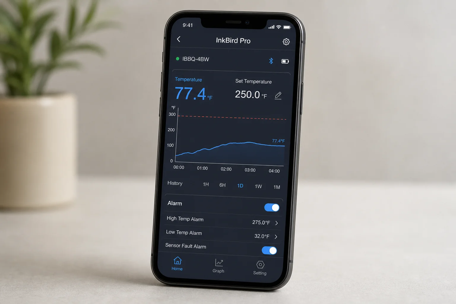 Smartphone displaying InkBird Pro app with temperature graph and settings