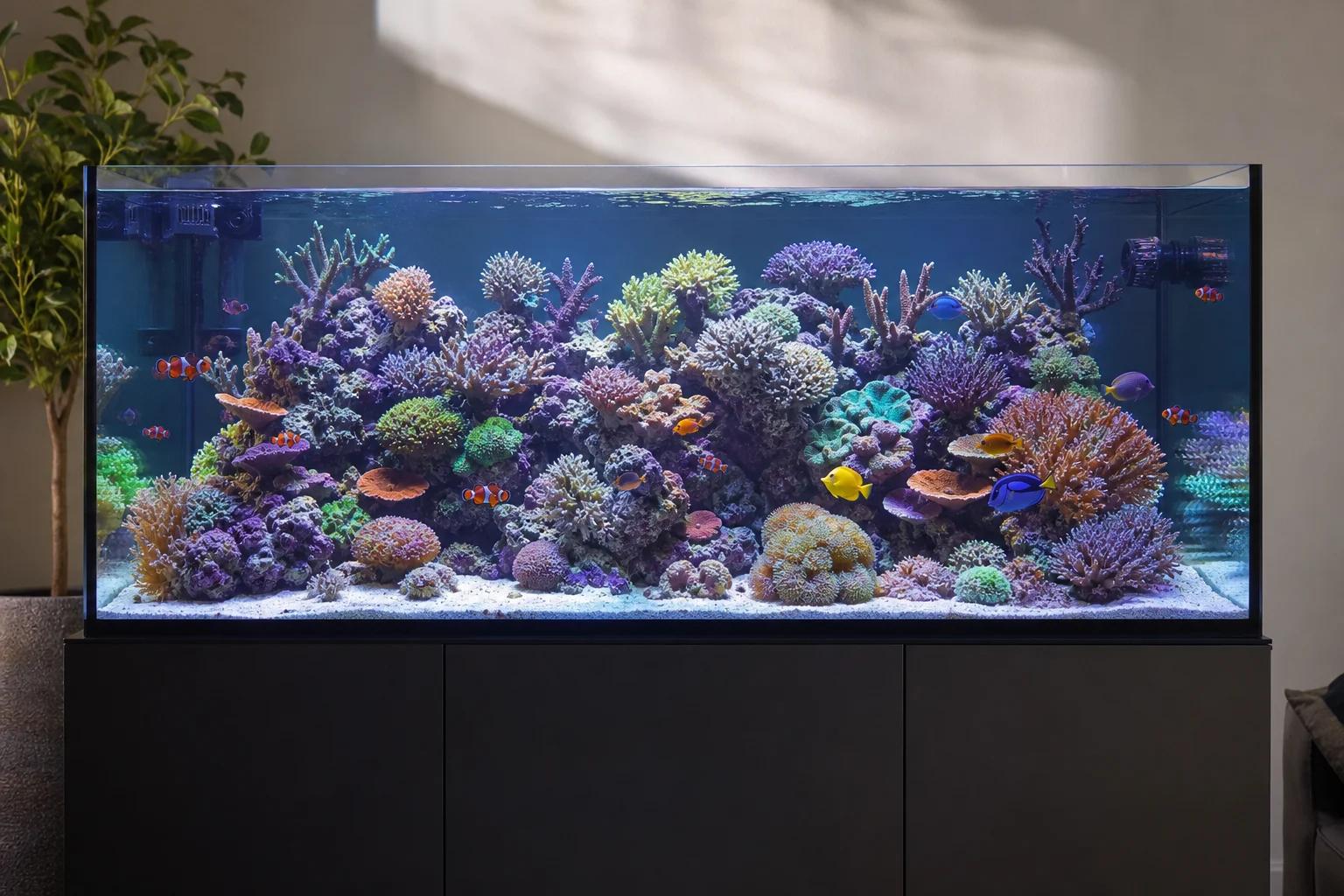 Aquarium reef tank with healthy corals and stable water conditions