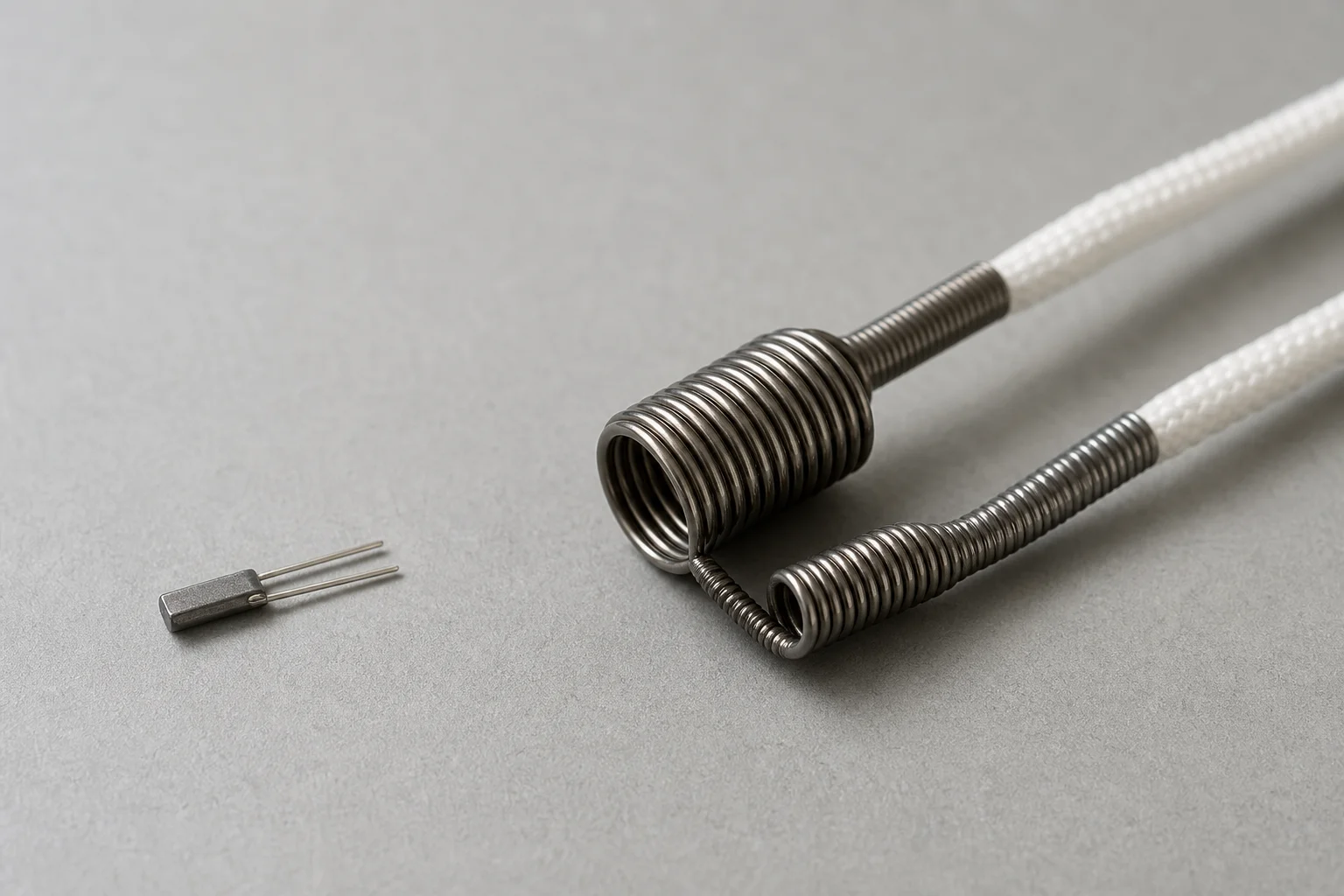 Compact titanium heating element next to standard resistance heater for size comparison