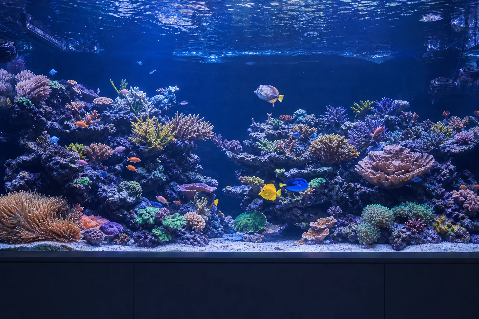 Healthy reef aquarium with corals and fish in clear blue water