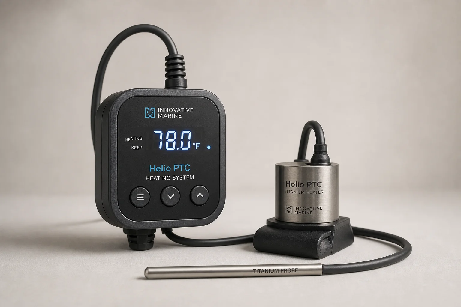 Innovative Marine Helio PTC controller, heating element, and temperature probe on neutral backdrop
