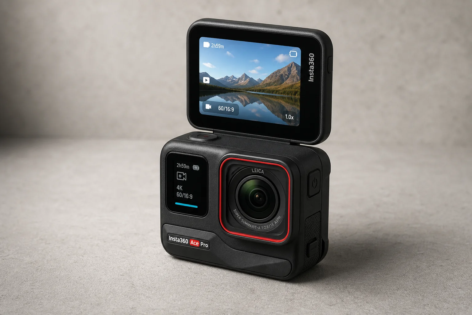 Cinque action camera disposte su una superficie in cemento in ordine decrescente