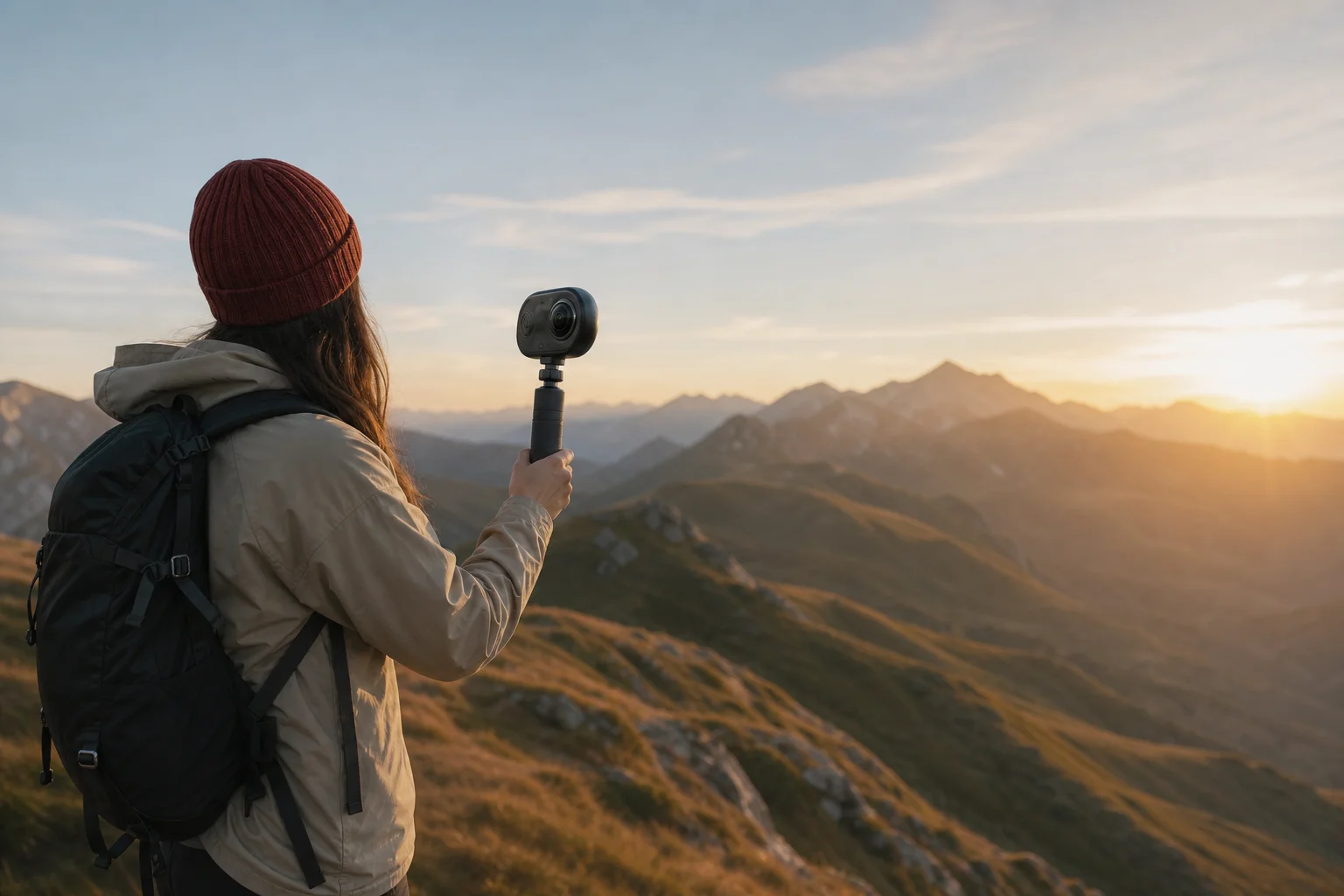 Videographer holding gimbal camera while recording outdoor mountain scene