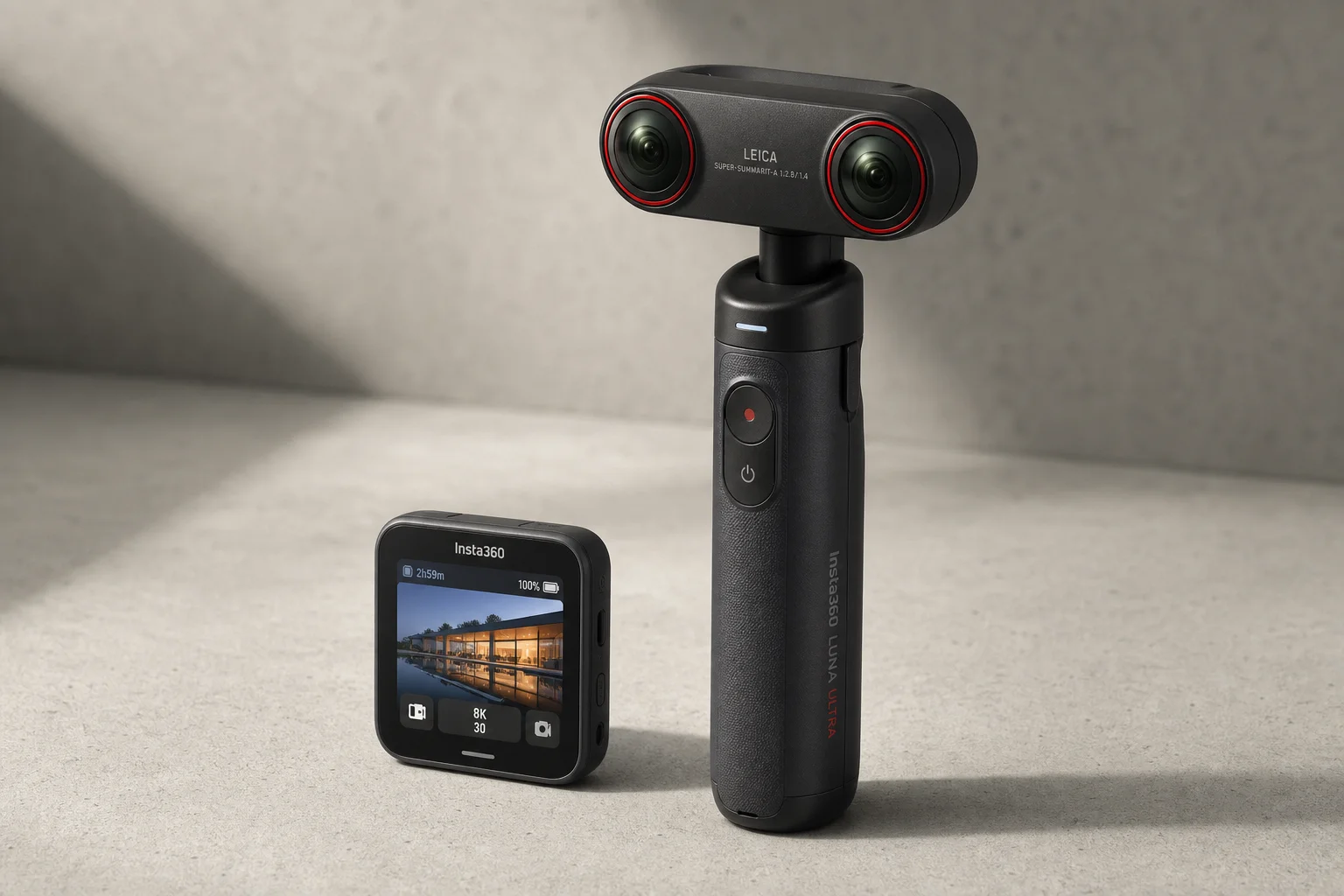 Insta360 Luna Ultra gimbal camera with detachable screen on concrete surface