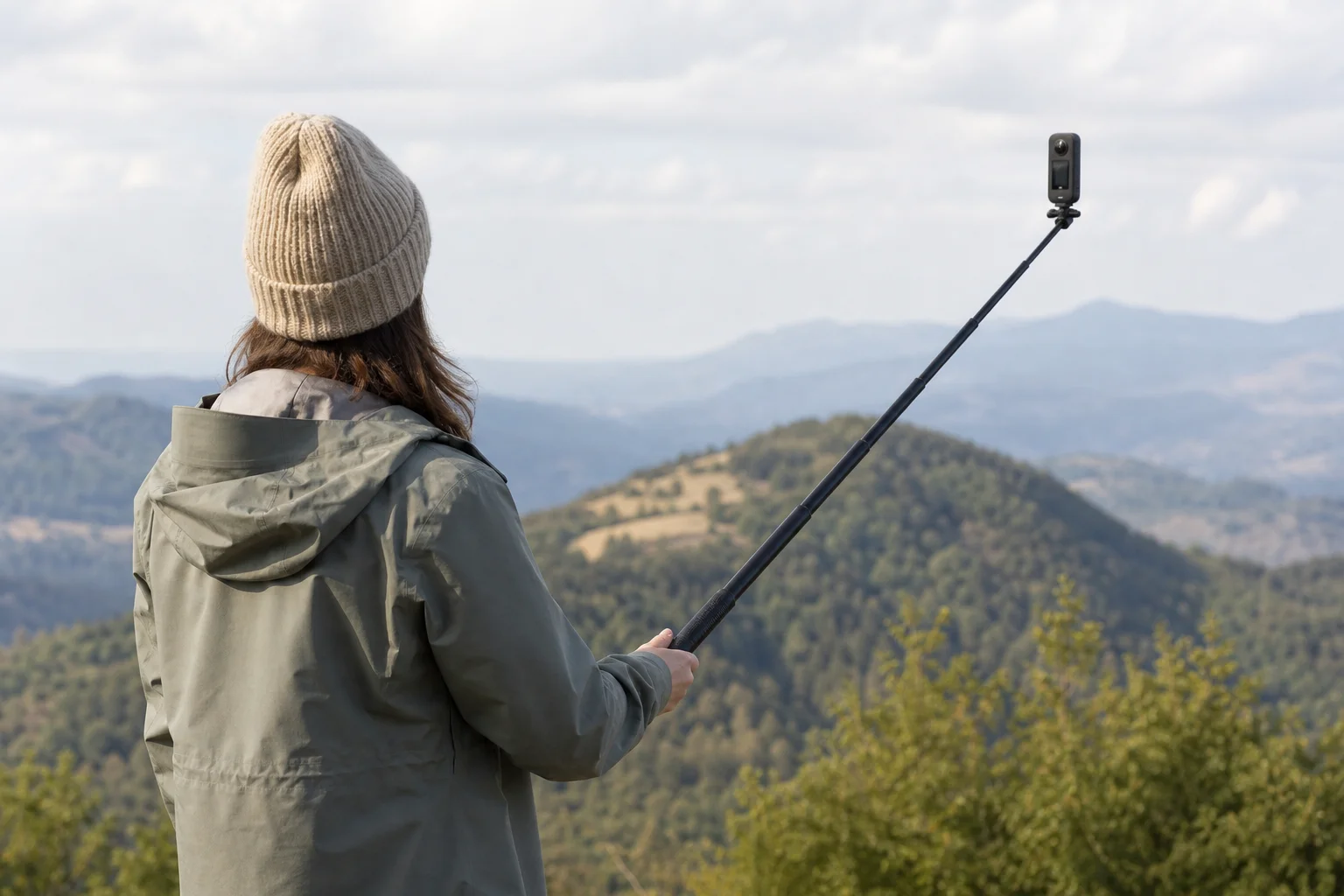 Filmmaker holding Insta360 X3 on Bullet Time stick in outdoor landscape