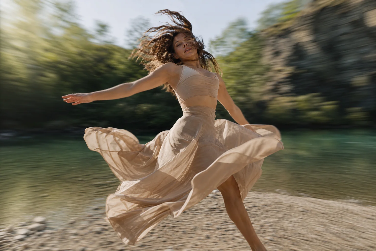 Dynamic bullet time action sequence with spinning motion in outdoor setting