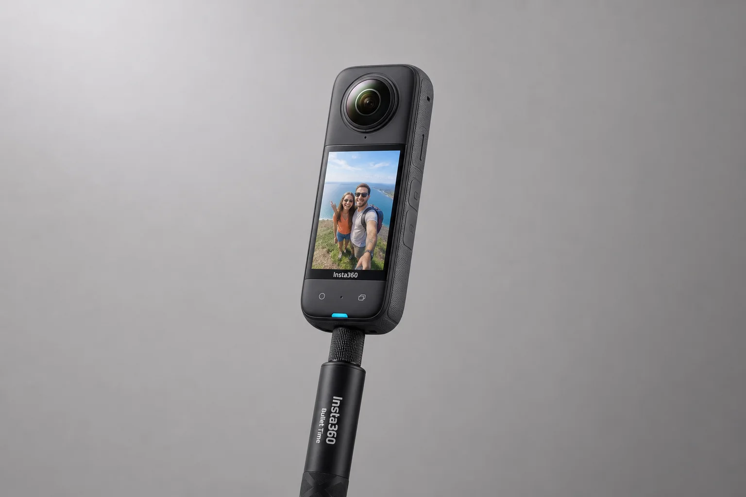 Insta360 X3 camera on Bullet Time stick against neutral grey background