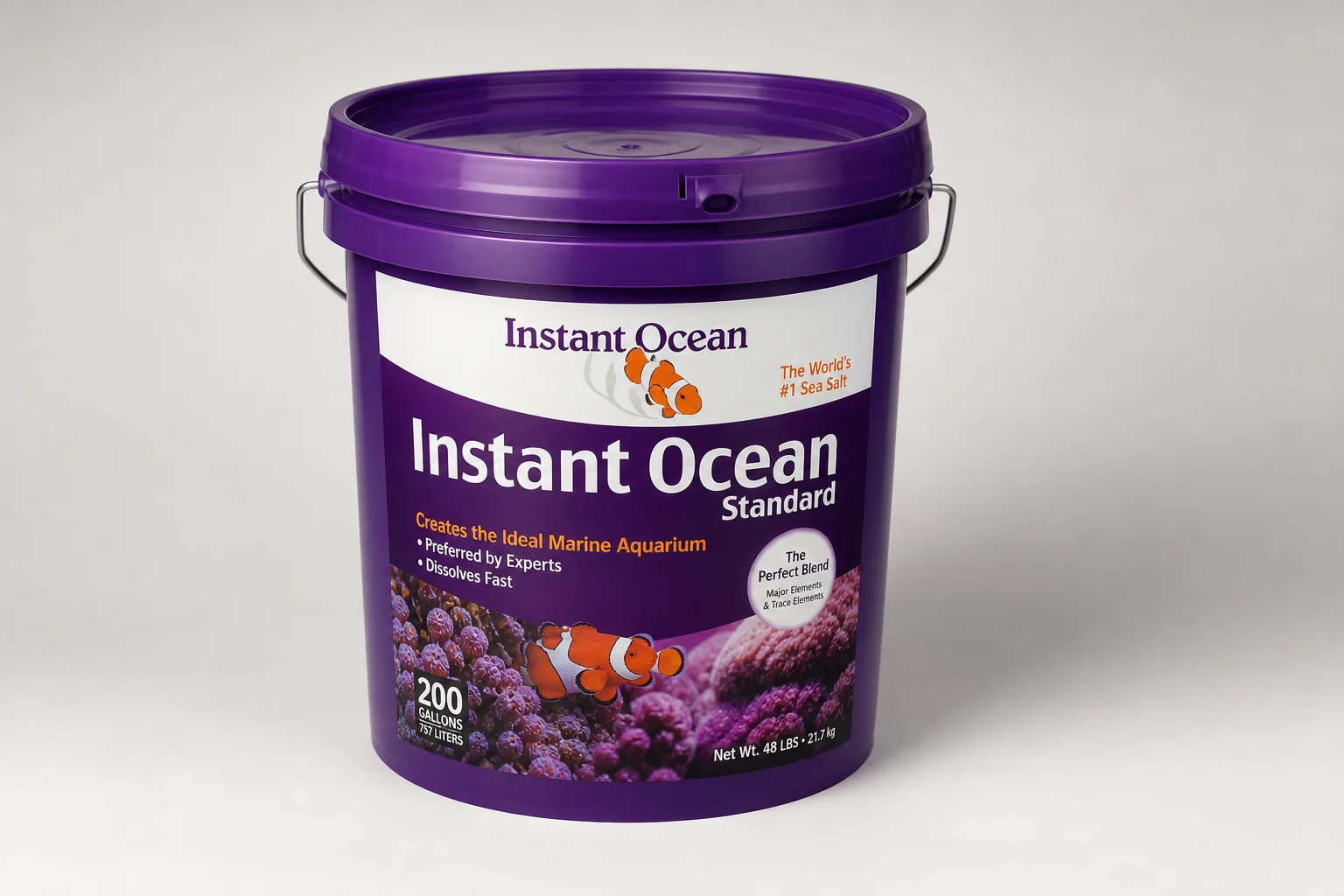 Collection of five different colored saltwater mix buckets on neutral surface