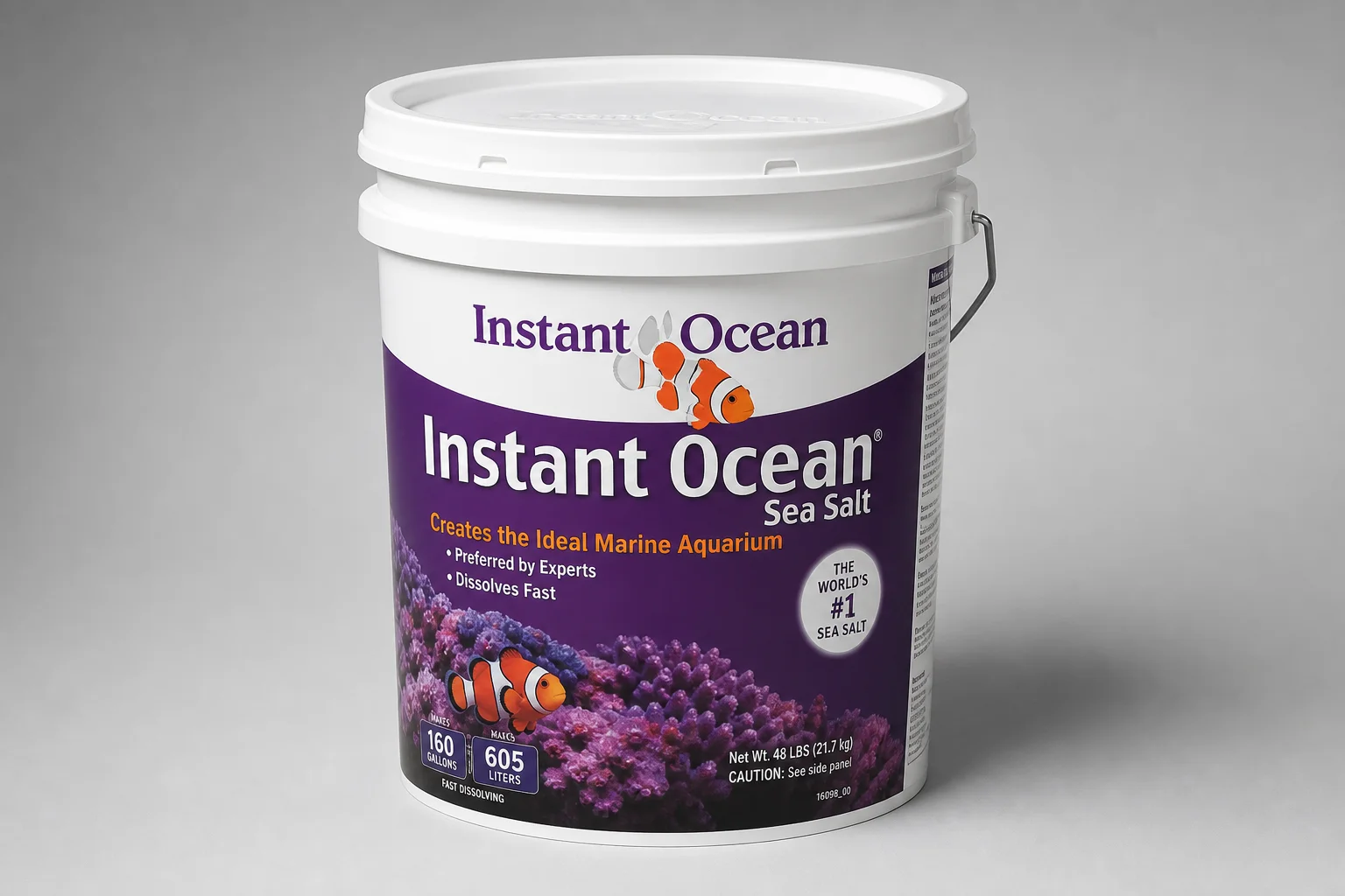 Collection of six saltwater aquarium salt mix buckets on grey surface