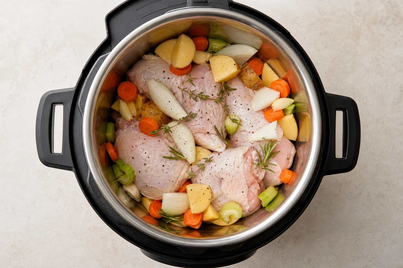 從上方俯瞰 Instant Pot，鍋內裝有雞肉與蔬菜