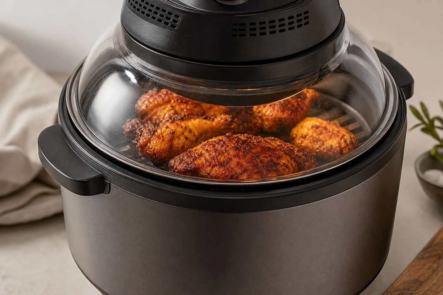 安裝在 Instant Pot 上的氣炸鍋蓋，鍋內有金黃色的雞肉