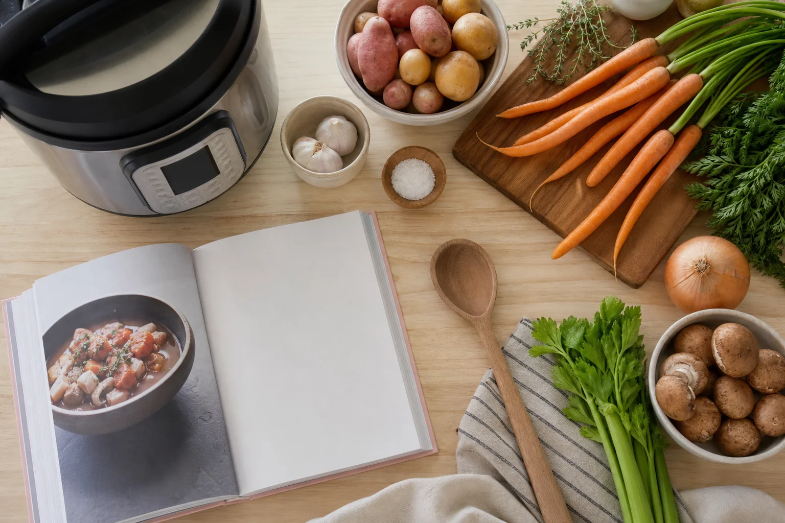 廚房檯面上擺放著 Instant Pot、食譜書與新鮮食材